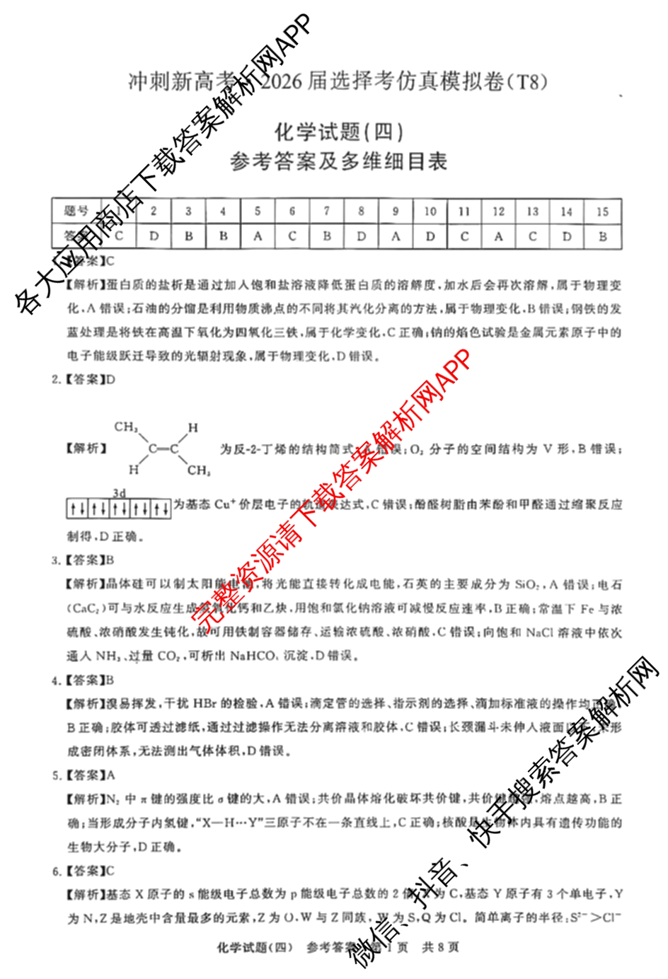 冲刺新高考2026届高考仿真模拟卷(T8)(四)4（含历史(湖南专版)、物理(湖南专版)、地理(湖南专版)等20份）化学答案