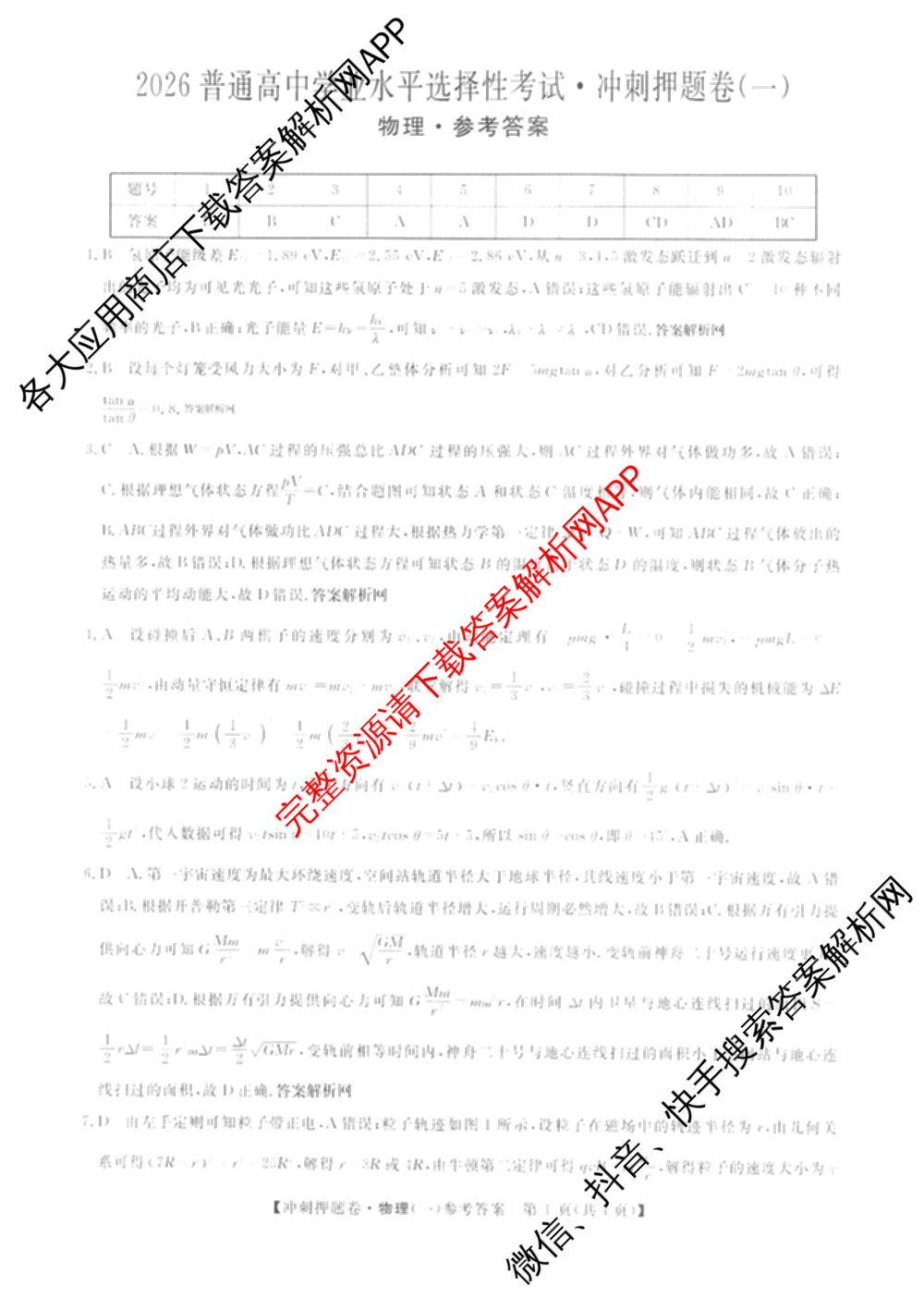 2026普通高等学校招生全国统一考试冲刺押题卷(一)1试卷及答案汇总（含化学、数学(A)、生物(AC)等）物理答案