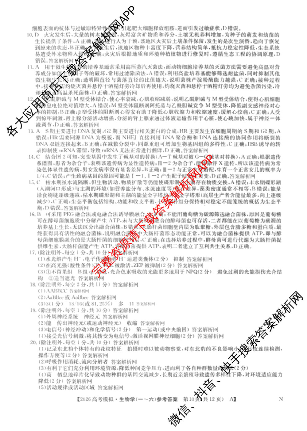 2026年全国高考仿真模拟卷(五)5各科答案及试卷（含数学(N)、政治(C N)、历史(A N)等14份）生物答案