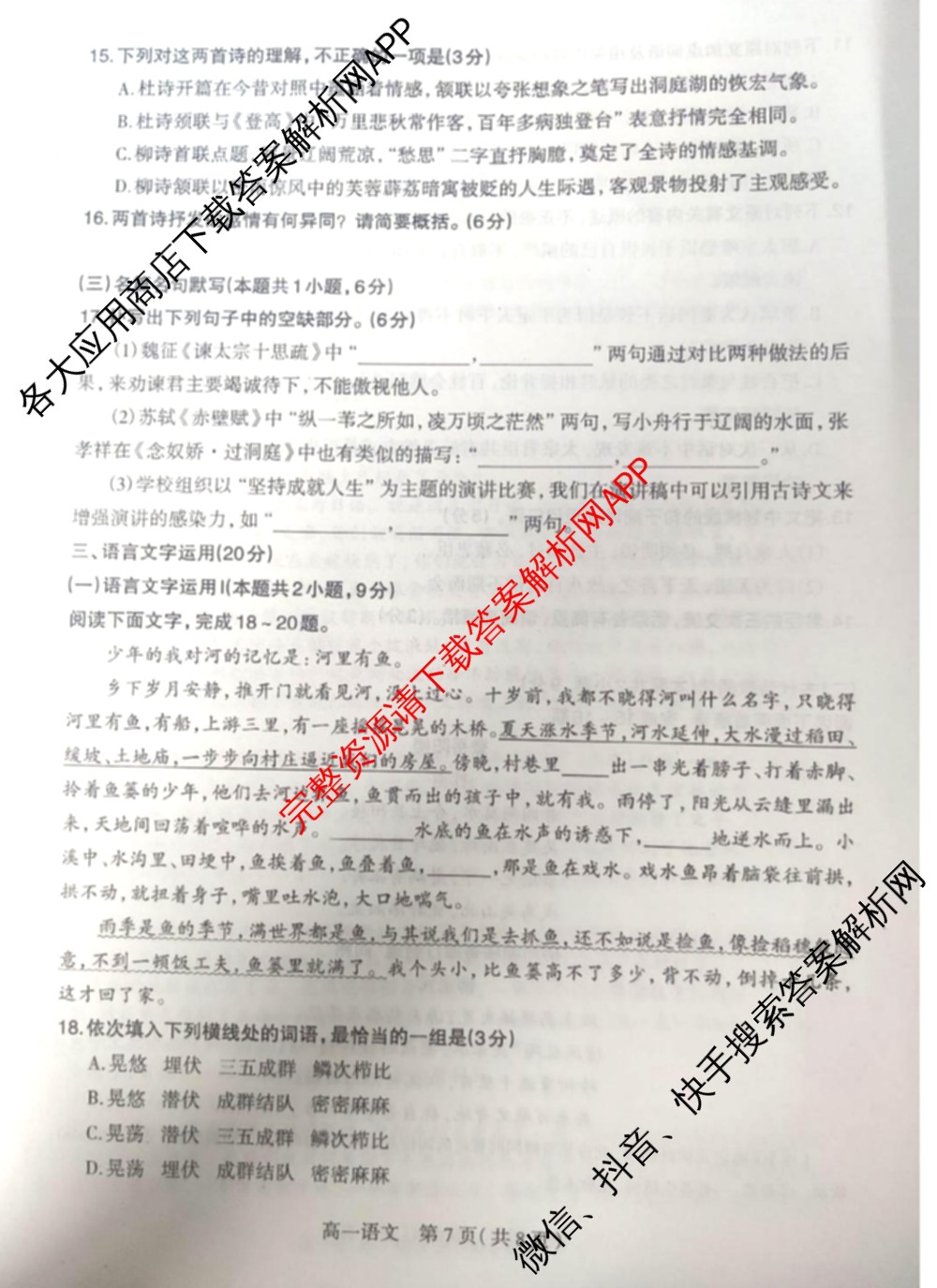 石家庄市2023~2024学年度高一第二学期期末教学质量检测（含历史 物理 生物等9份）语文试题