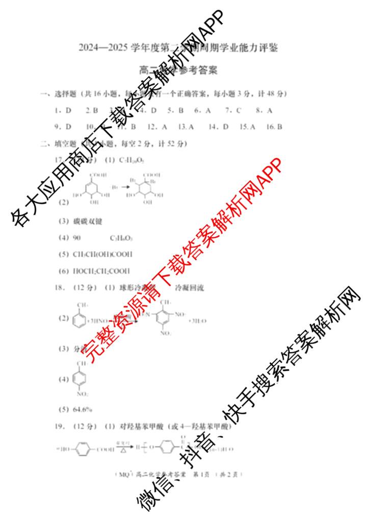 2024-2025学年度第二学期周期学业能力评鉴高二(6.26): 含历史、化学(MQ)、地理试卷解析化学答案