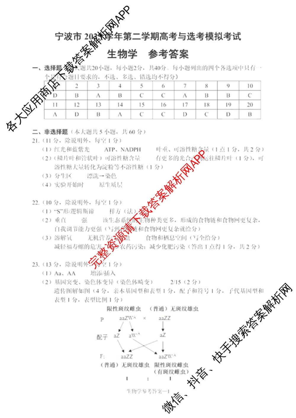 宁波市2025学年第二学期高考模拟考试高三(4月)试卷及答案汇总(已更新物理、英语、语文等10份)生物答案