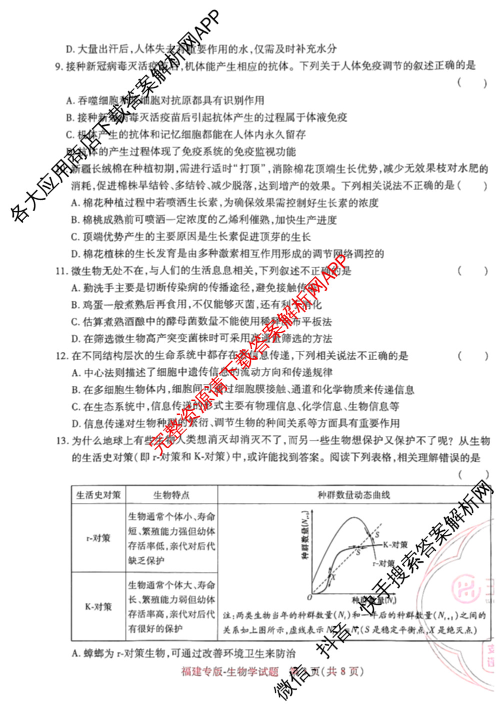 王后雄2024年普通高等学校招生全国统一考试预测卷各科答案及试卷（含语文(安徽专版)、政治(重庆专版)、历史(福建专版)等144份）生物试题
