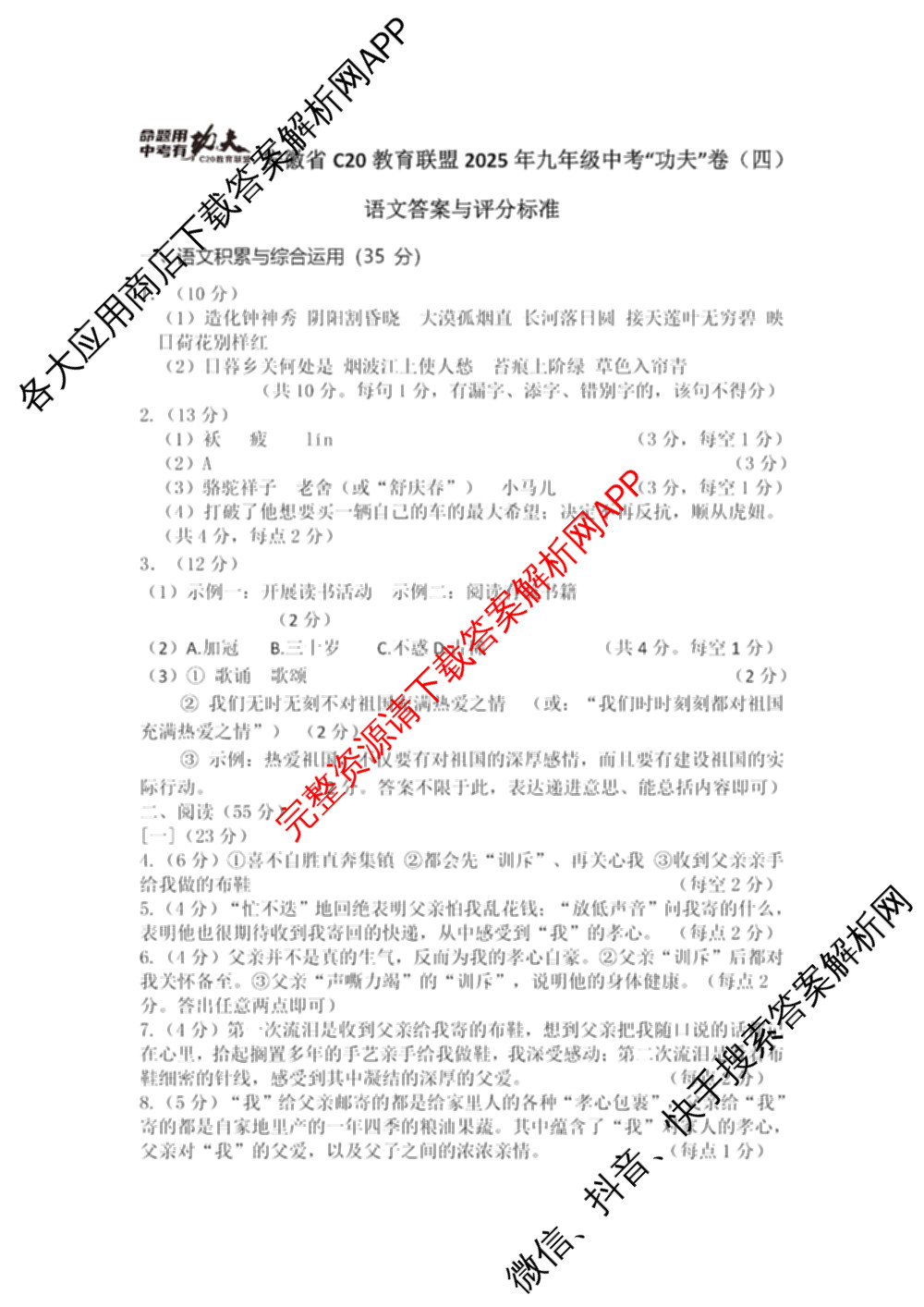 安徽省C20教育联盟2025年九年级中考功夫卷(四)(已更新语文 英语 数学等7份)语文答案