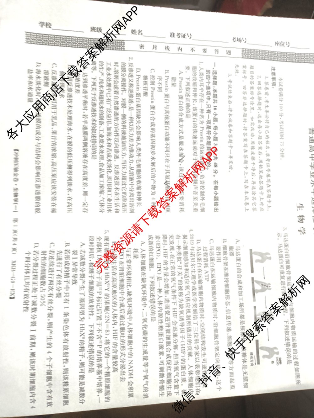 XKB2025届普通高等学校招生全国统一考试冲刺压轴金卷(一)1（含物理(XKB-G10-EX) 英语(XKB-G1-EX) 化学(XKB-G1-H-EX)等）生物答案