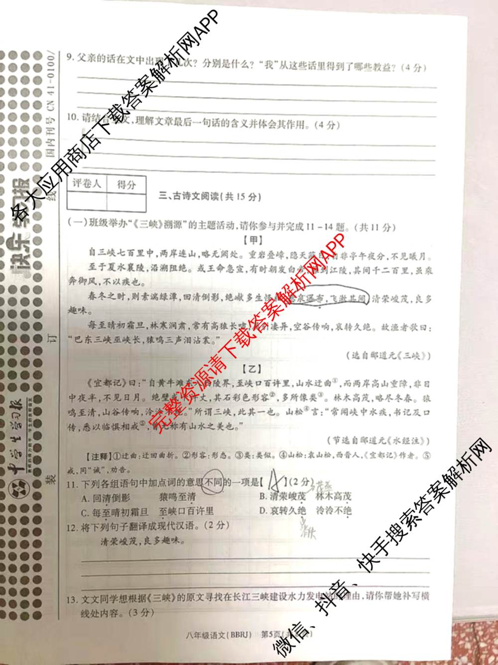 河南省2025秋快乐学报测评版-期中(2-C)八年级各科答案及试卷（含地理(XJ) 语文(BBRJ) 地理(RJ)等）语文试题