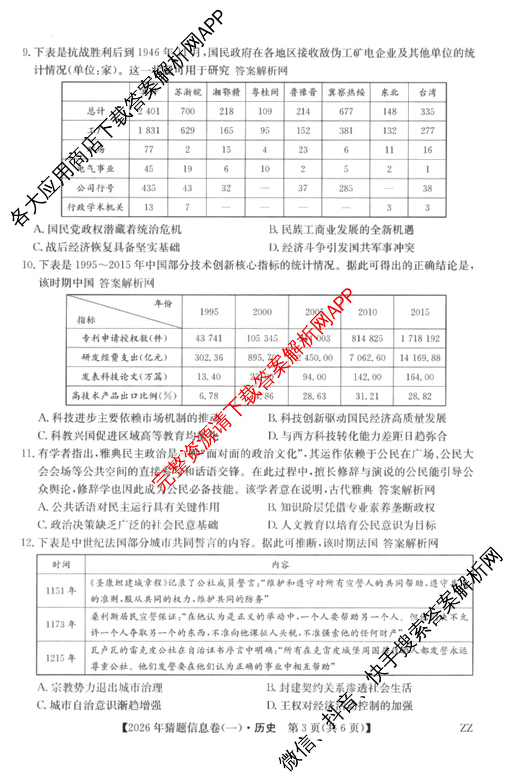 2026年普通高等学校招生全国统一考试猜题信息卷(一)1各科答案及试卷（含物理(AH) 语文 化学(FJ)等）历史试题