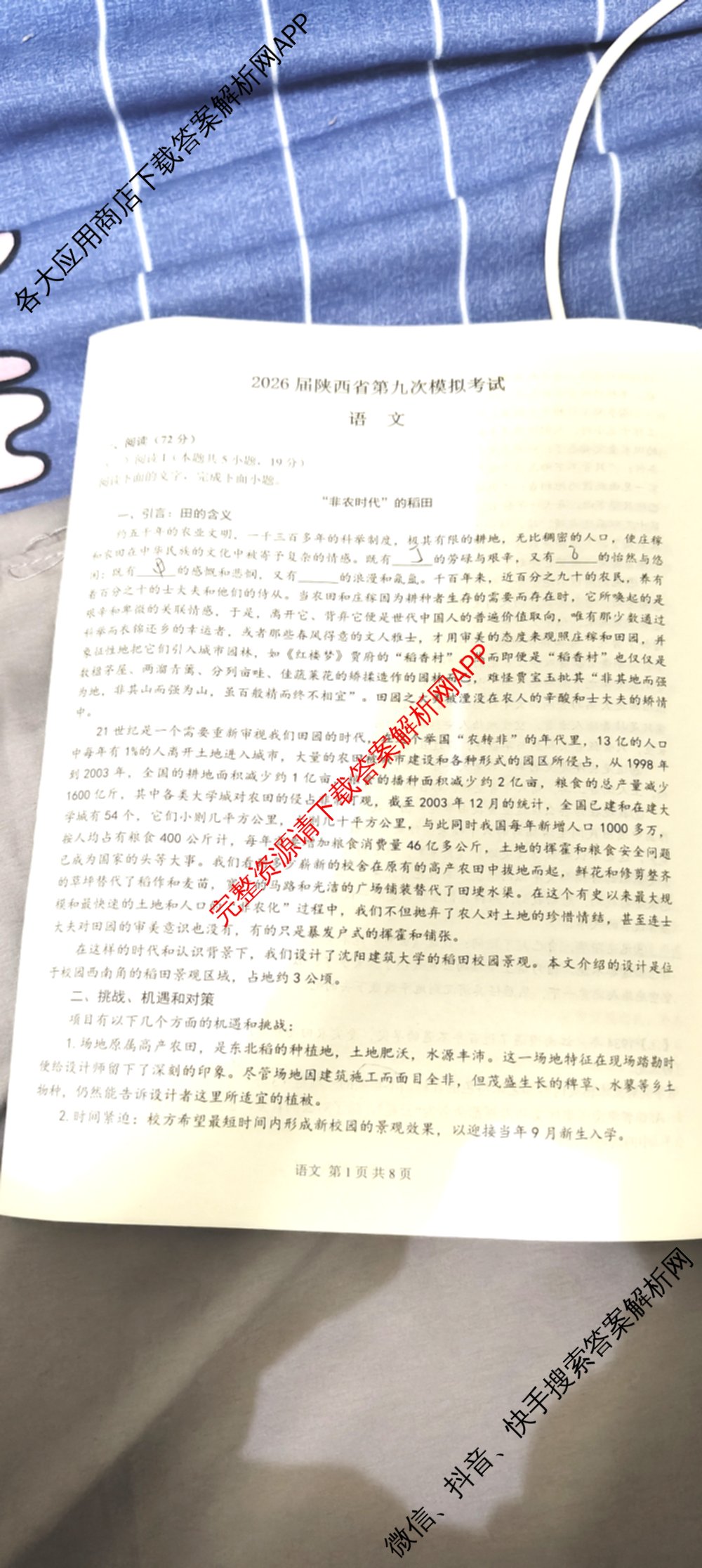 2026届陕西省第九次模拟考试各科答案及试卷（含化学、历史、英语等8份）语文试题