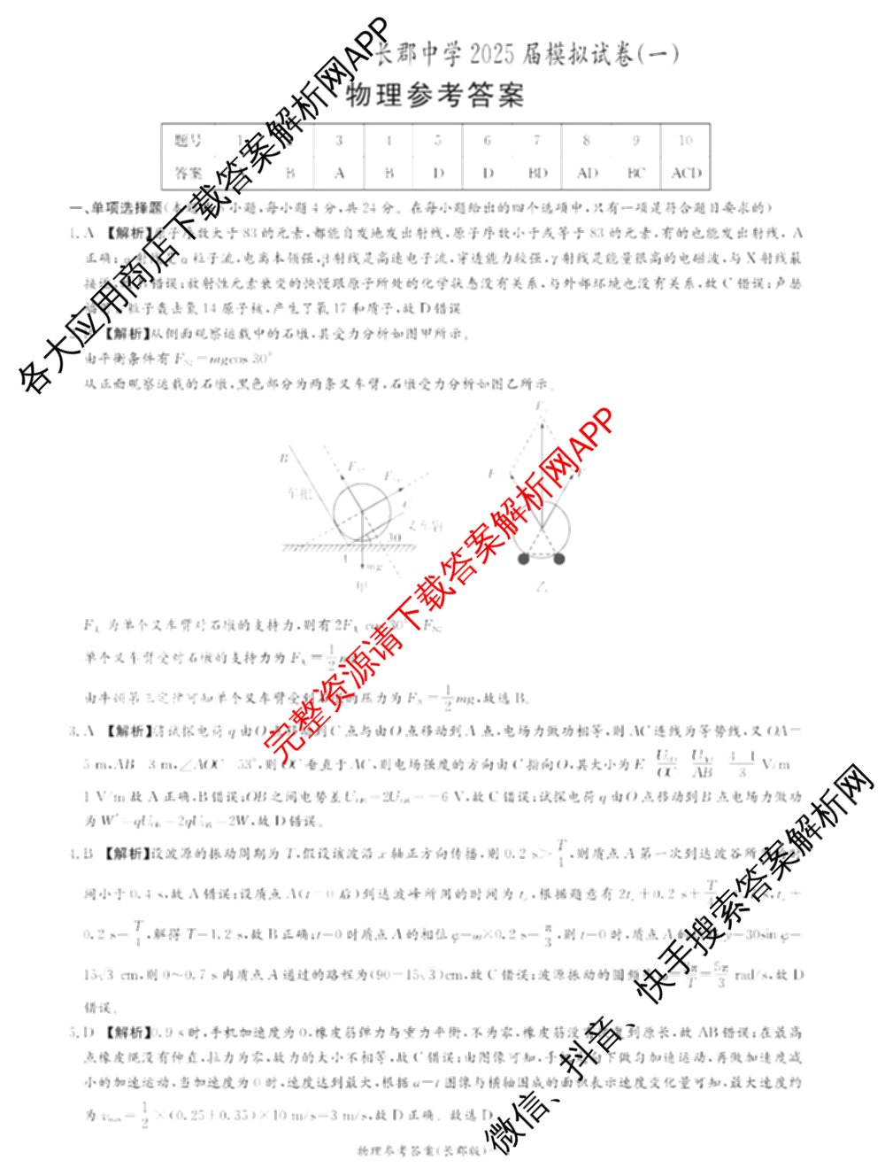 炎德英才大联考长郡中学2025届模拟试卷(一)各科答案及试卷（含生物(A) 英语(A) 语文等）物理答案