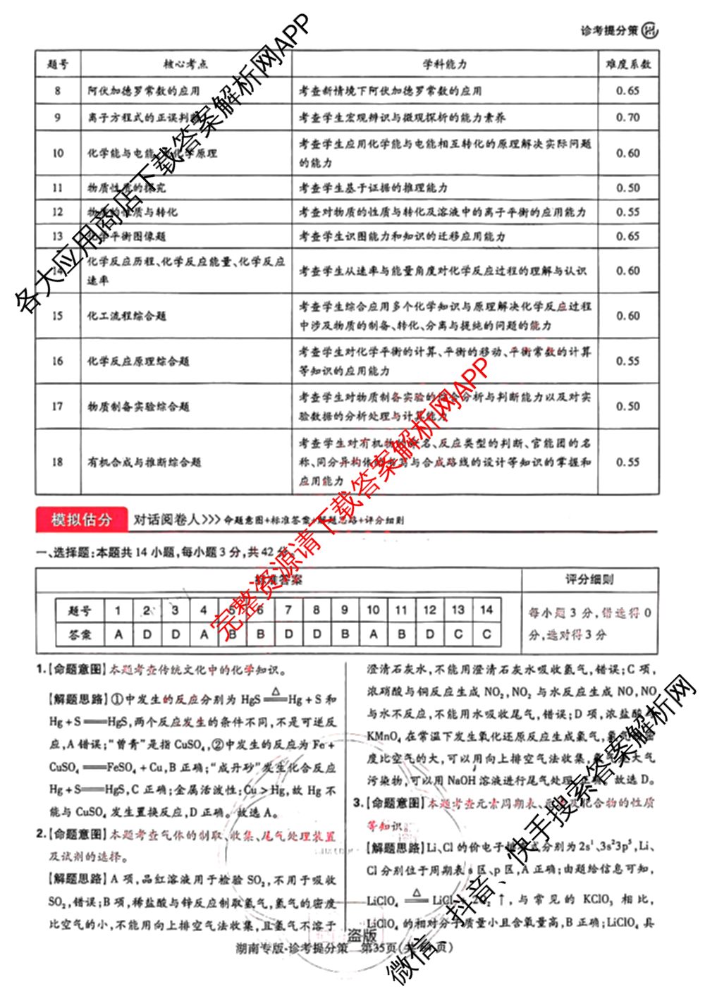 王后雄2024年普通高等学校招生全国统一考试预测卷各科答案及试卷（含语文(安徽专版)、政治(重庆专版)、历史(福建专版)等144份）化学答案