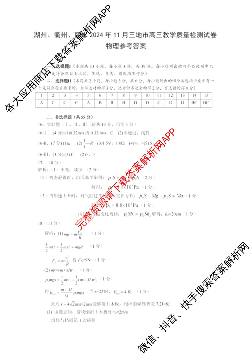 湖州、衢州、丽水2024年11月三地市高三教学质量检测各科答案及试卷（含政治 数学 日语等）物理答案
