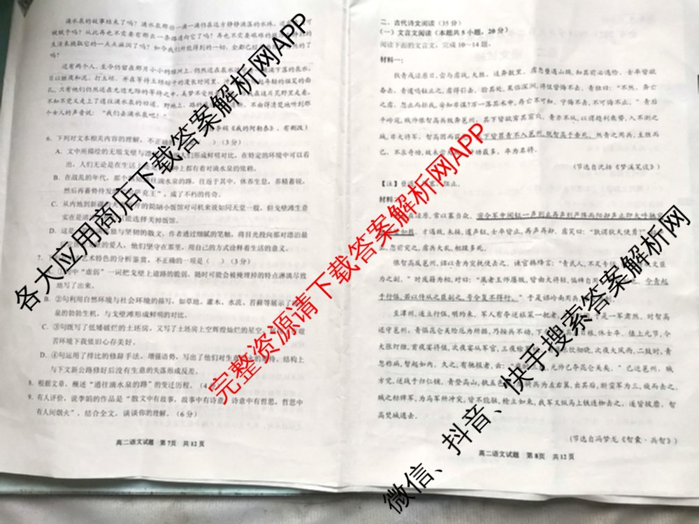 贵州省安顺市全市2023~2024学年度高二第二学期期末教学质量监测考试（含政治 数学 历史等）语文试题