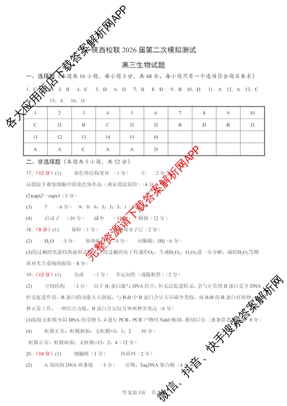 陕西校联2026届第二次模拟测试高三(4.2)试卷及答案汇总（含化学、地理、英语等9份）生物答案