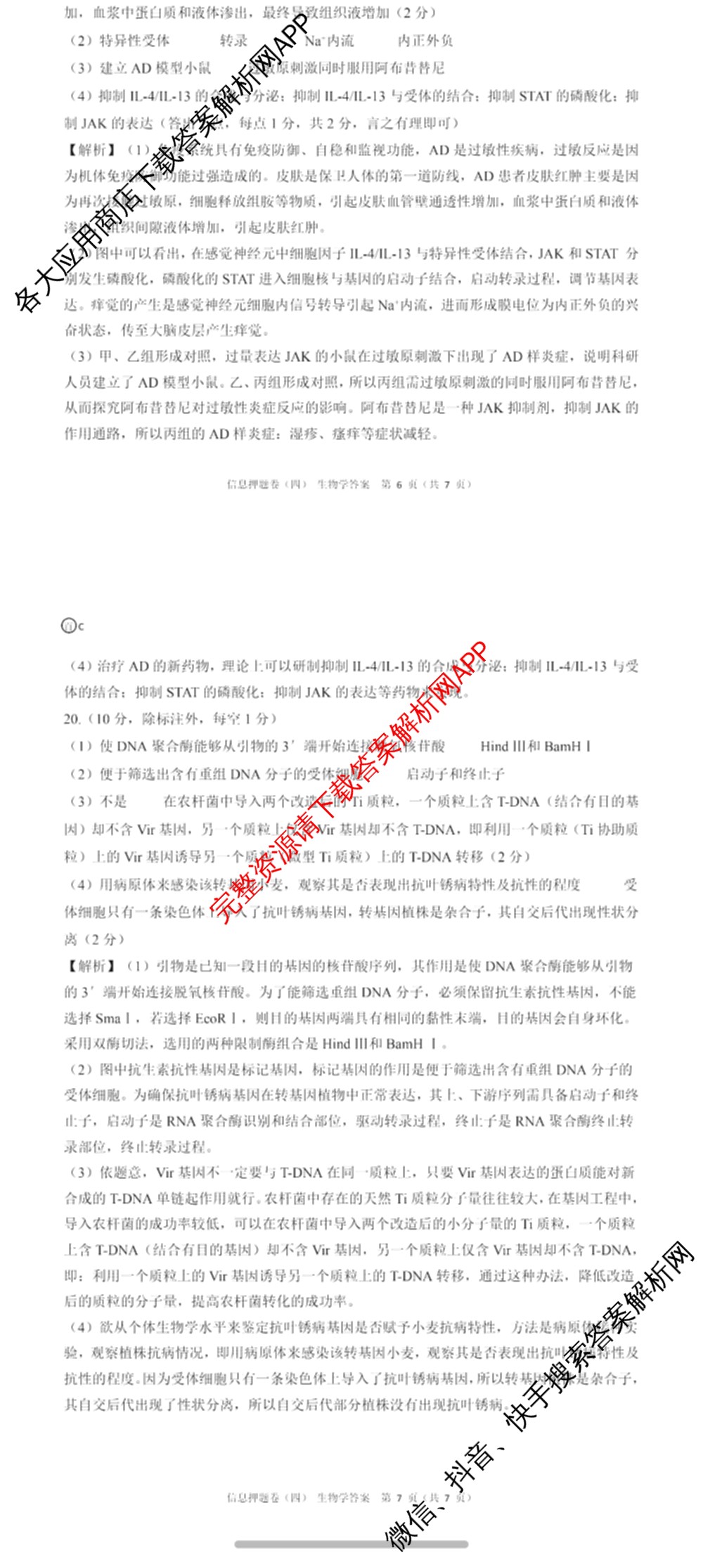 百师联盟2025届高三信息押题卷(四)4试卷及答案汇总（51科全）生物答案