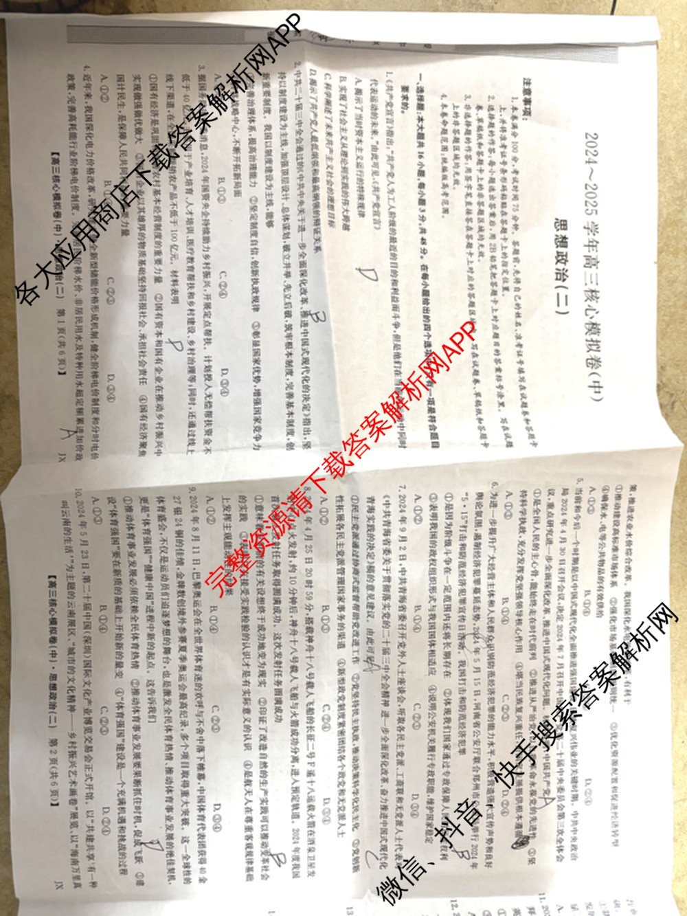 九师联盟2024~2025学年高三核心模拟卷(中)(二)2（含历史 地理(D4) 数学等29份）政治试题