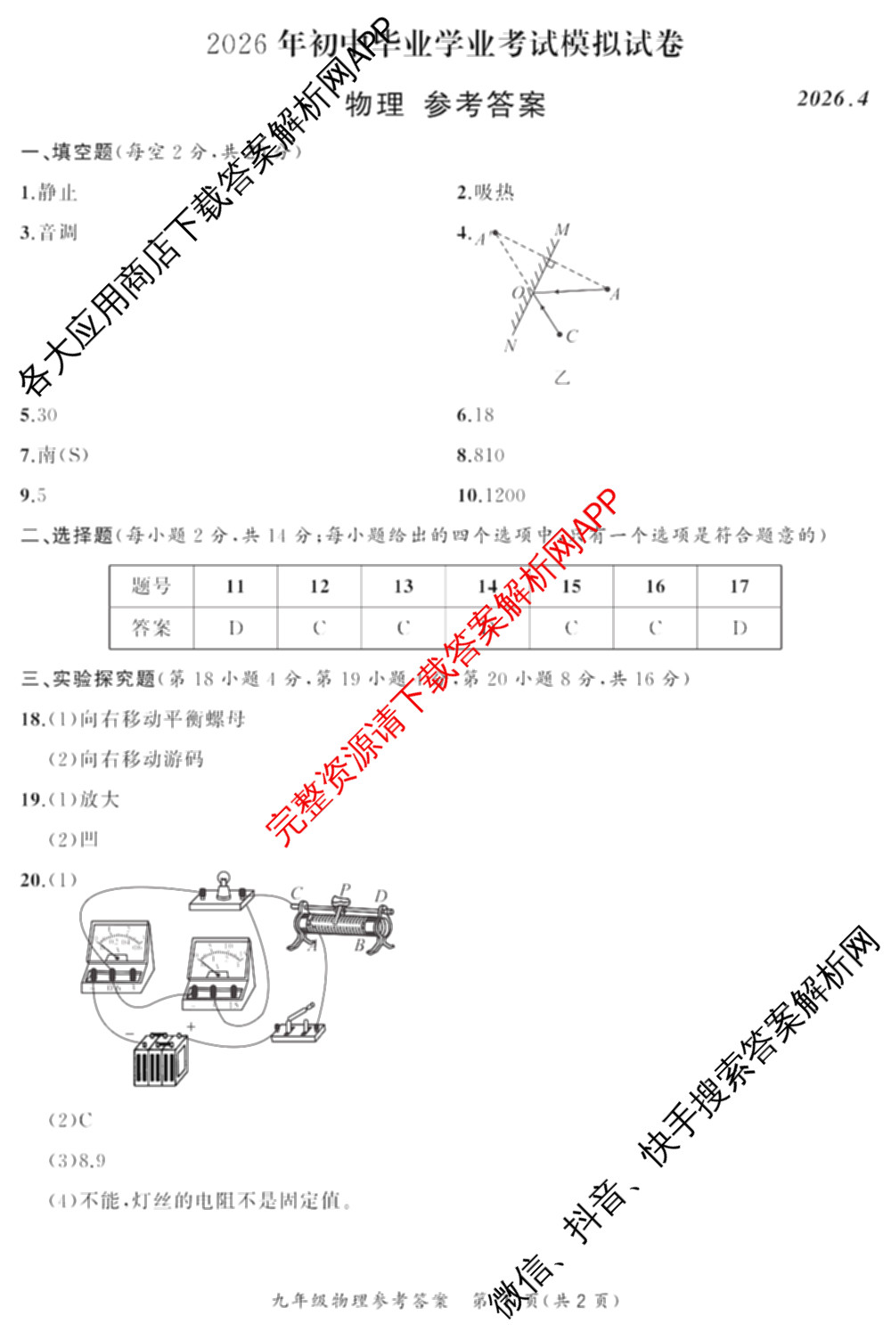 安徽省2026年初中毕业学业考试模拟试卷(Z)(2026.4)试卷及答案汇总（含化学 物理 语文等）物理答案