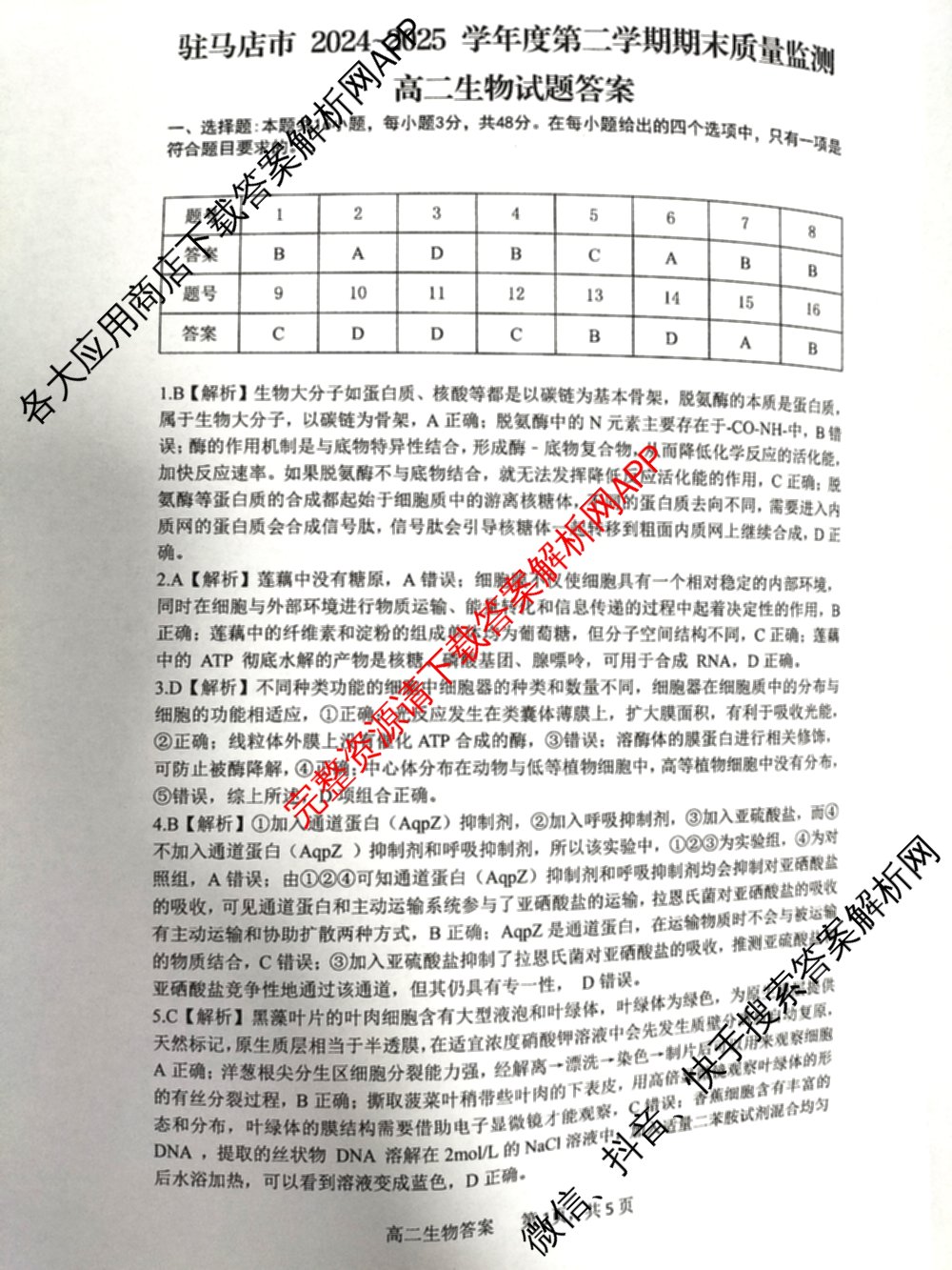 驻马店市2024~2025学年度第二学期期末质量监测高二各科答案及试卷（含生物、英语、语文等）生物答案