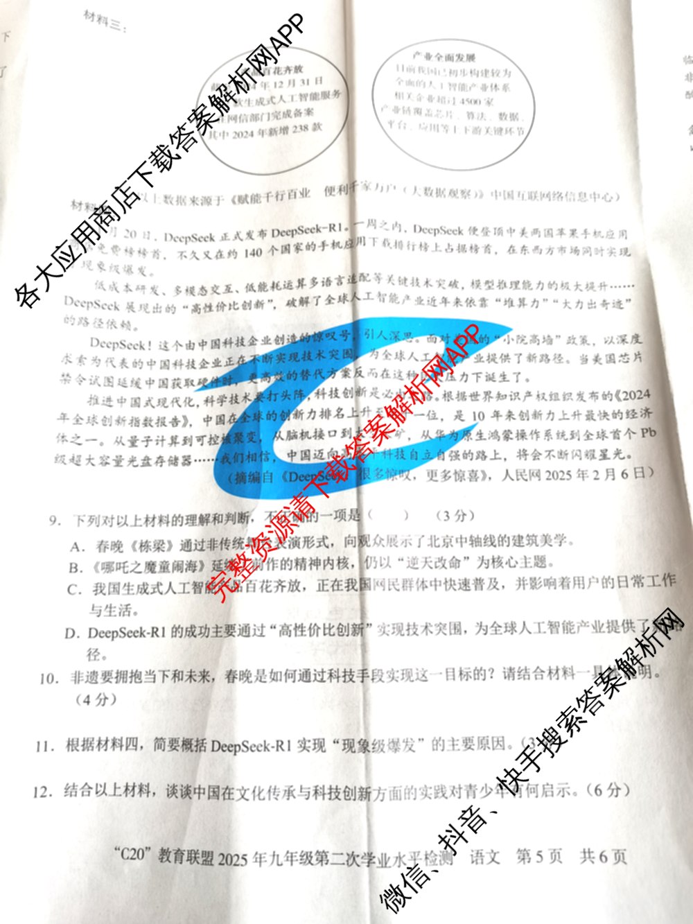 安徽省C20教育联盟2025年九年级第二次学业水检测试卷及答案汇总（含语文 历史 英语等）语文试题