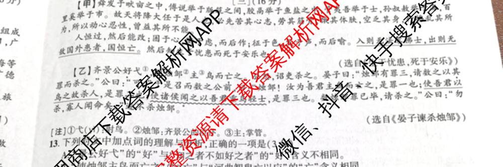 安徽省2026届九年级作业(二)各科答案及试卷（7科全）语文试题