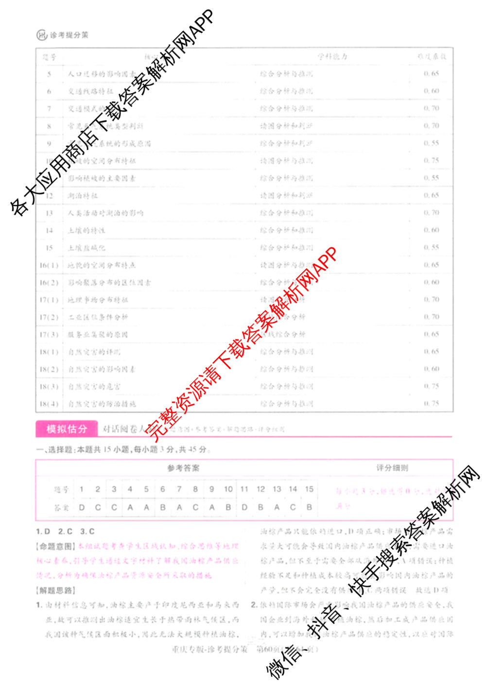 王后雄2024年普通高等学校招生全国统一考试预测卷各科答案及试卷（含语文(安徽专版)、政治(重庆专版)、历史(福建专版)等144份）地理答案