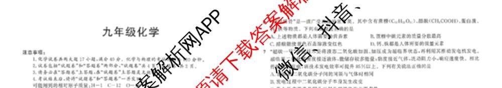 安徽省2025-2026同步达标自主练九年级第六次(L)[核心素养]各科答案及试卷（7科全）化学试题