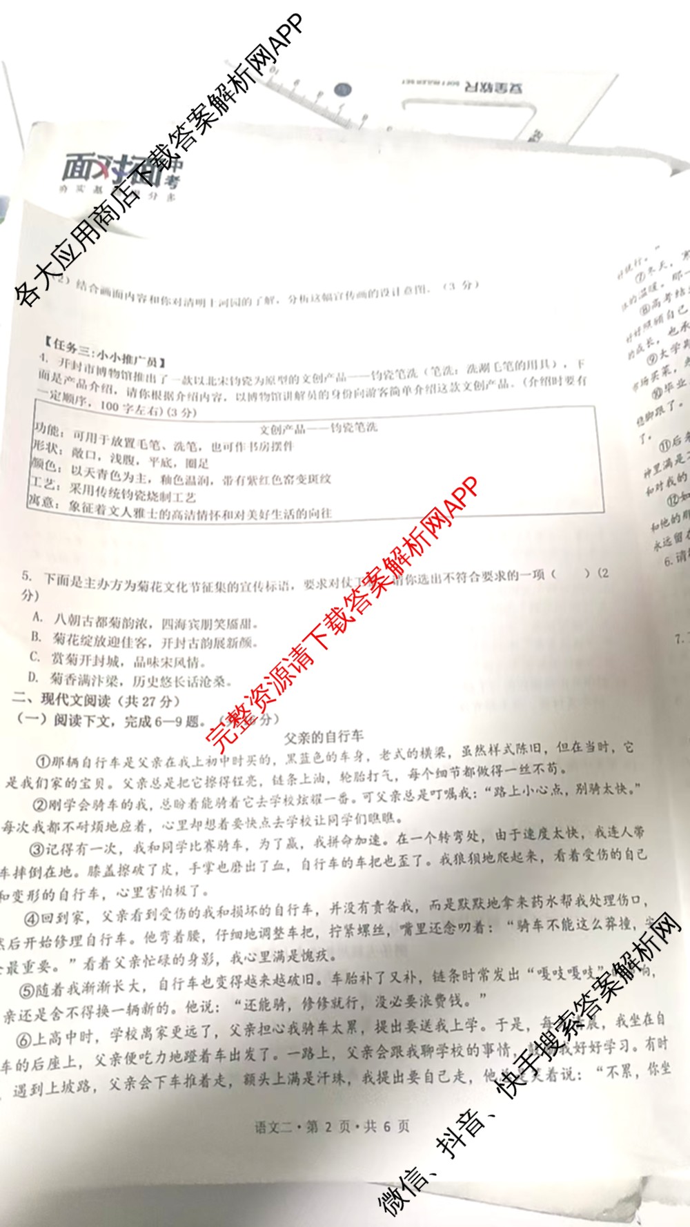 2025年河南省中考冲刺压轴卷B试题卷各科答案及试卷（含数学 物理 道德与法治等7份）语文试题